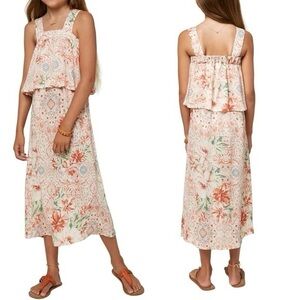 NWT O’Neill Girls Flounce Ruffle Jordan Tank Pink Cream Floral Midi Dress Large
